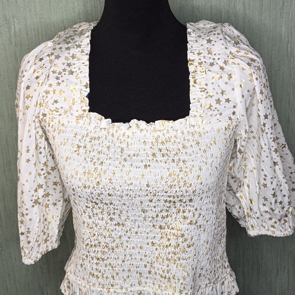 EMILY MCCARTHY Cream Smocked Blouse with Three-Quarter Sleeves